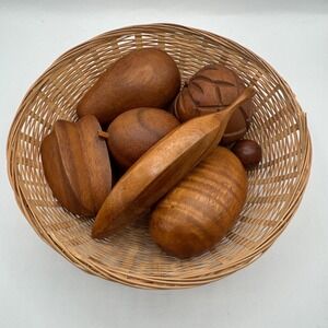 Wooden Fruit Set Brown Carved MCM Decor 6pc with Basket
